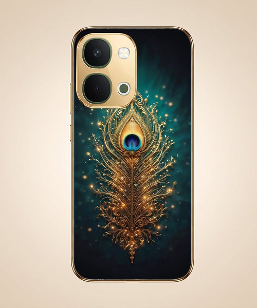 Vivo T5x 5G Golden Peacock Feather Gold Electroplated Glass Phone Back Case