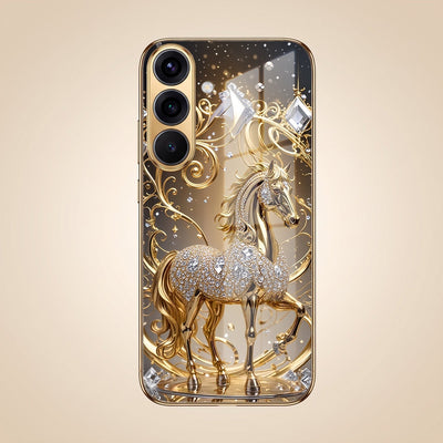 Samsung Galaxy S26 5G Luxury Horse Texture Gold Electroplated Glass Phone Back Case