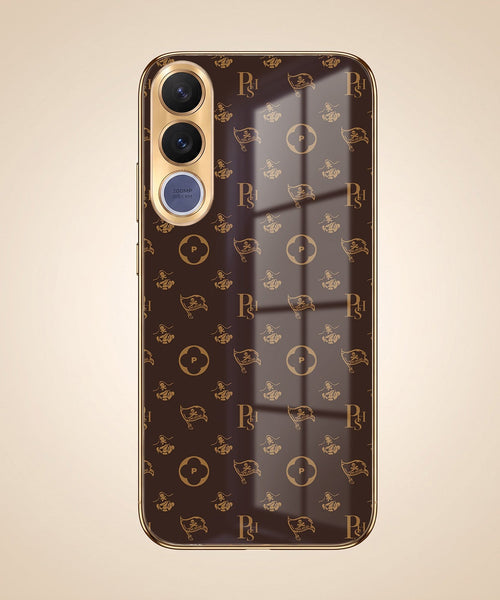 Vivo V70 FE 5G Luxury Monogram Brown Gold Electroplated Glass Phone Back Case