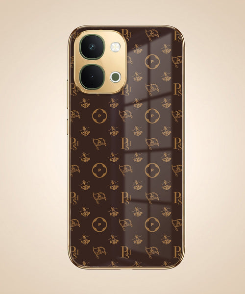 Vivo T5X 5G Luxury Monogram Brown Gold Electroplated Glass Phone Back Case