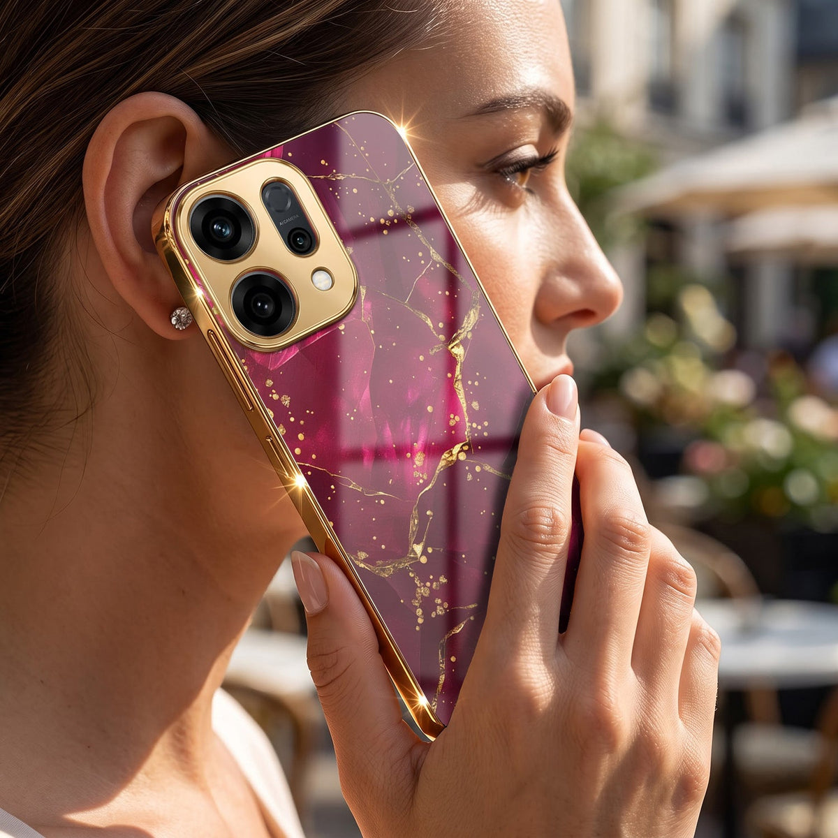 Oppo Reno 14 5G Luxury Crimson Marble Gold Electroplated Glass Phone Back Case
