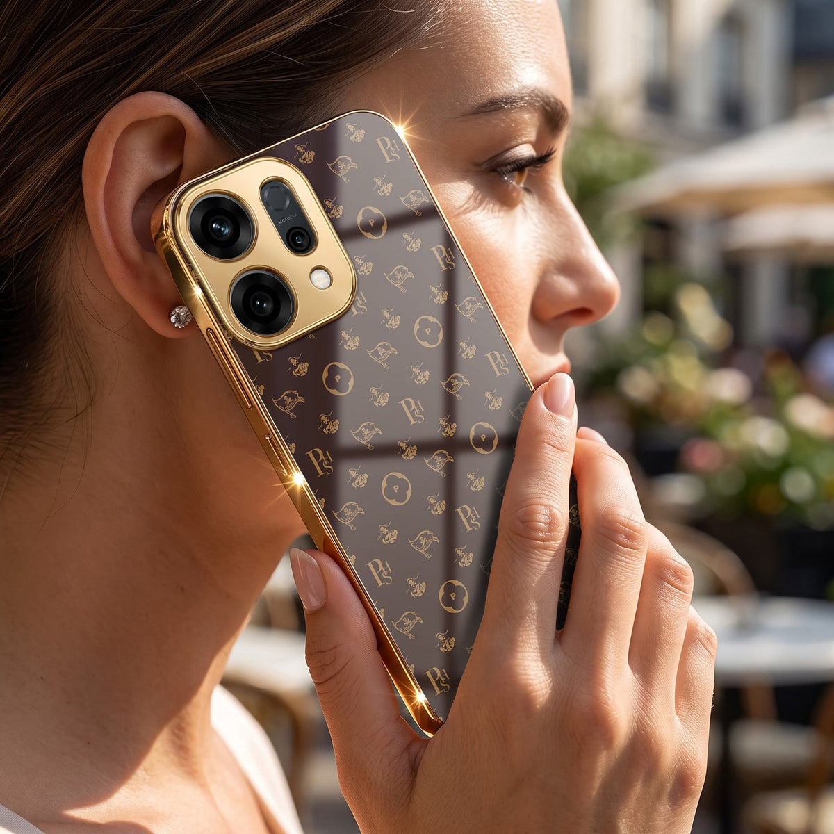 Oppo Reno 14 5G Luxury Monogram Brown Gold Electroplated Glass Phone Back Case