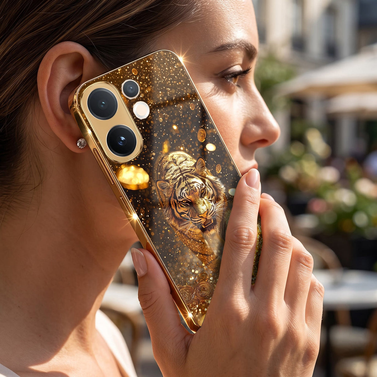 Vivo V60 5G Luxury Tiger Gold Electroplated Glass Phone Back Case