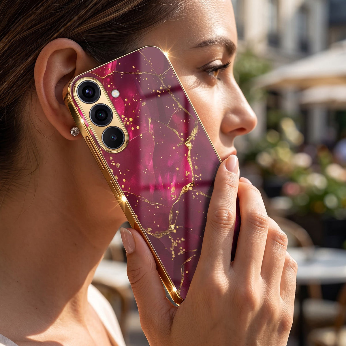 Samsung Galaxy A56 5G Luxury Crimson Marble Gold Electroplated Glass Phone Back Case