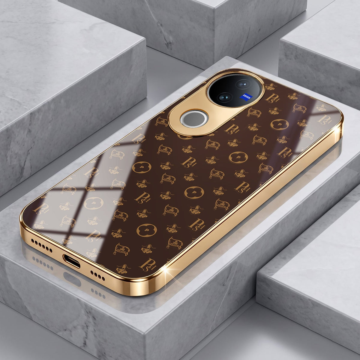 Vivo V50 5G Luxury Monogram Brown Electroplated Gold Glass Case