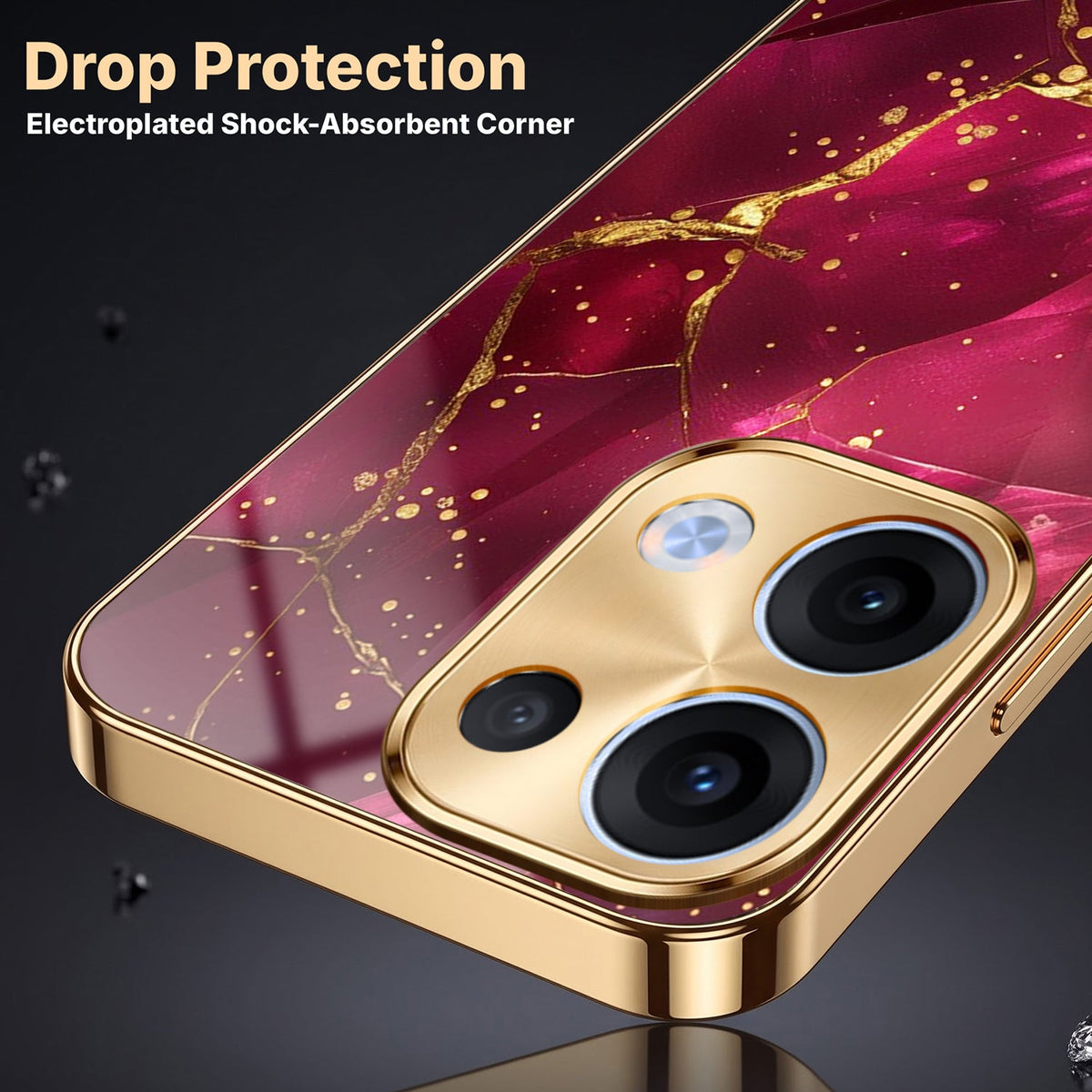 Oppo Reno 13 5G Luxury Crimson Marble Gold Electroplated Glass Phone Back Case