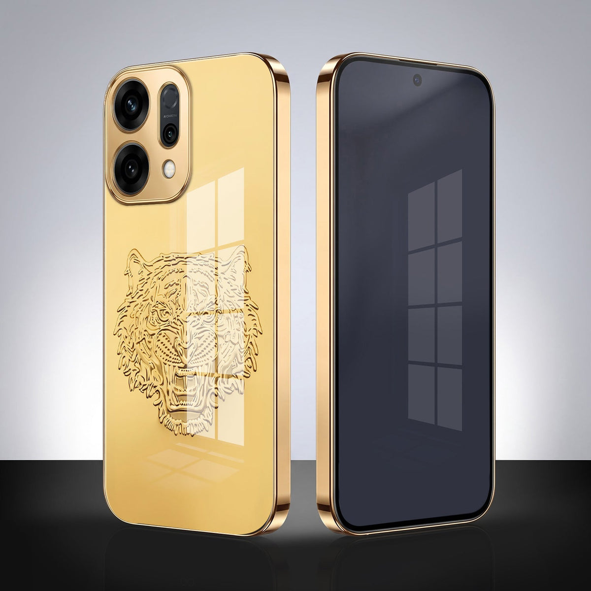 Oppo Reno 14 5G Golden Tiger Face Gold Electroplated Glass Phone Back Case