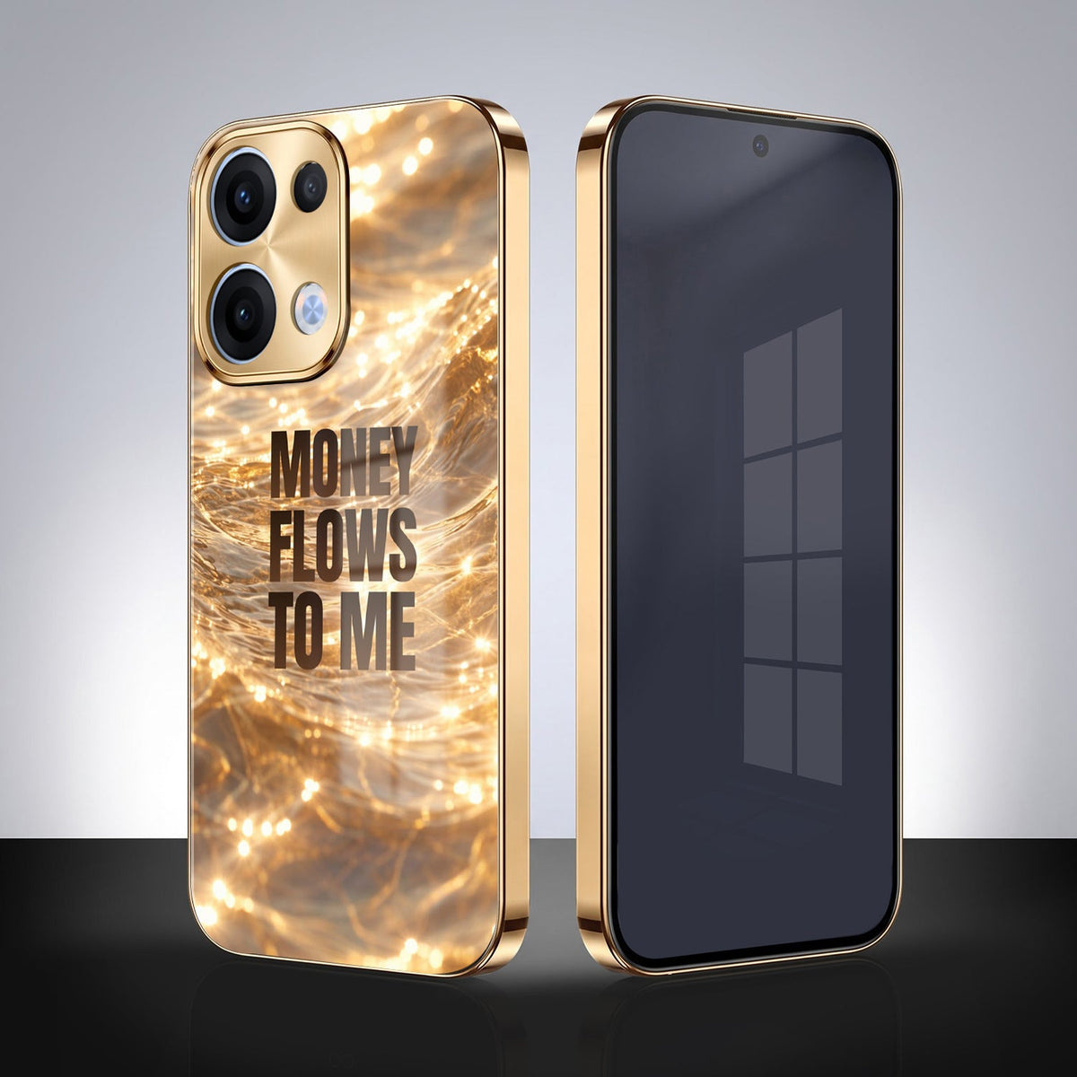 Oppo Reno 13 5G Money Flows To Me Gold Electroplated Glass Phone Back Case