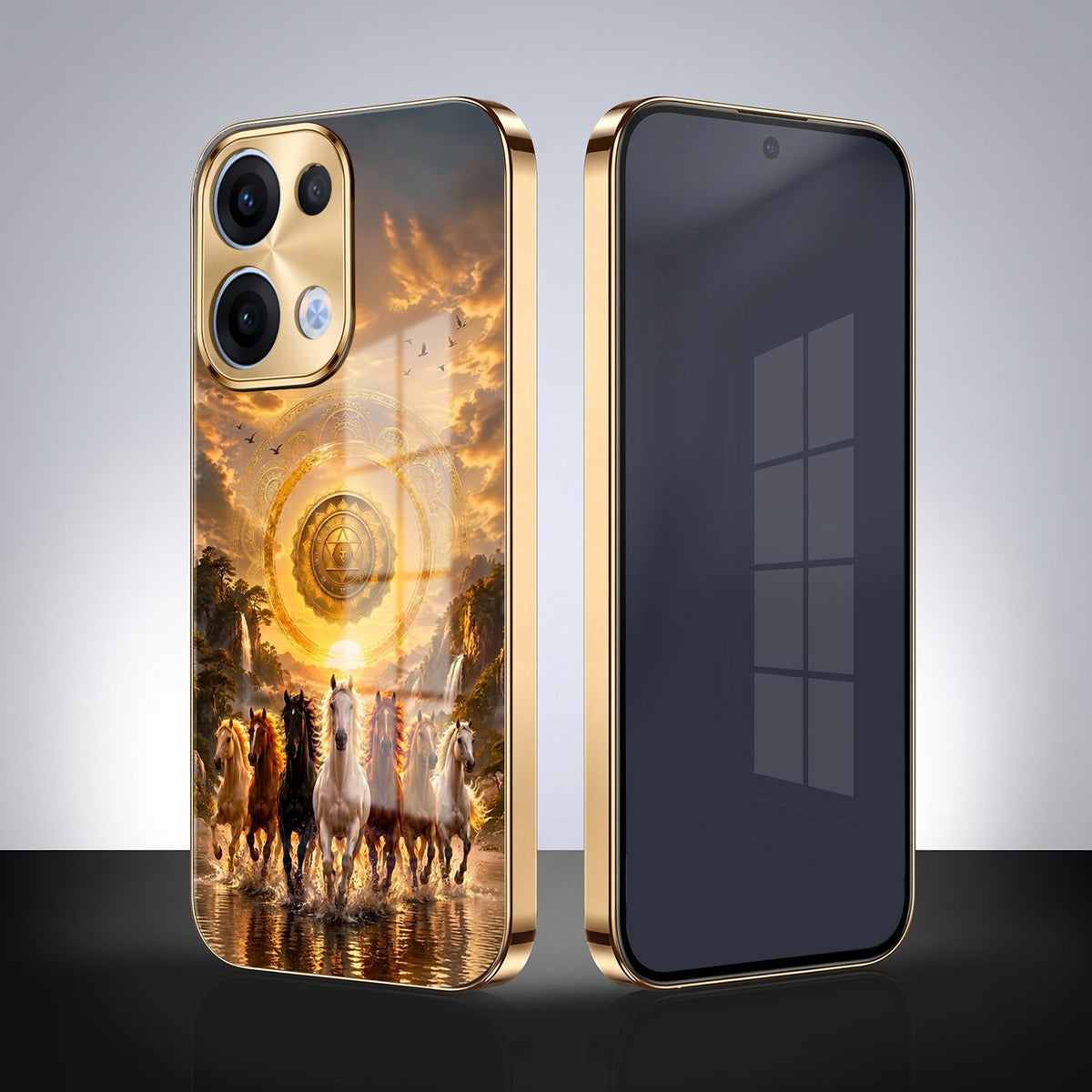 Oppo Reno 13 5G Celestial Seven Horses Gold Electroplated Glass Phone Back Case
