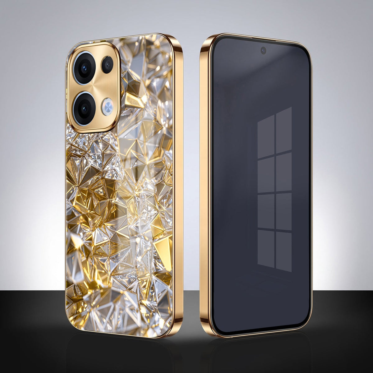 Oppo Reno 13 5G White Diamond Shatter Gold Electroplated Glass Phone Back Case
