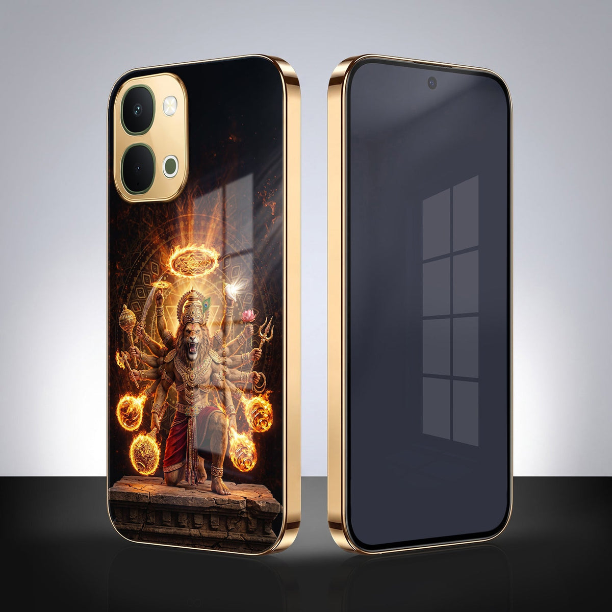 Vivo Y51 Pro 5G Lord Narasimha Gold Electroplated Glass Phone Back Case