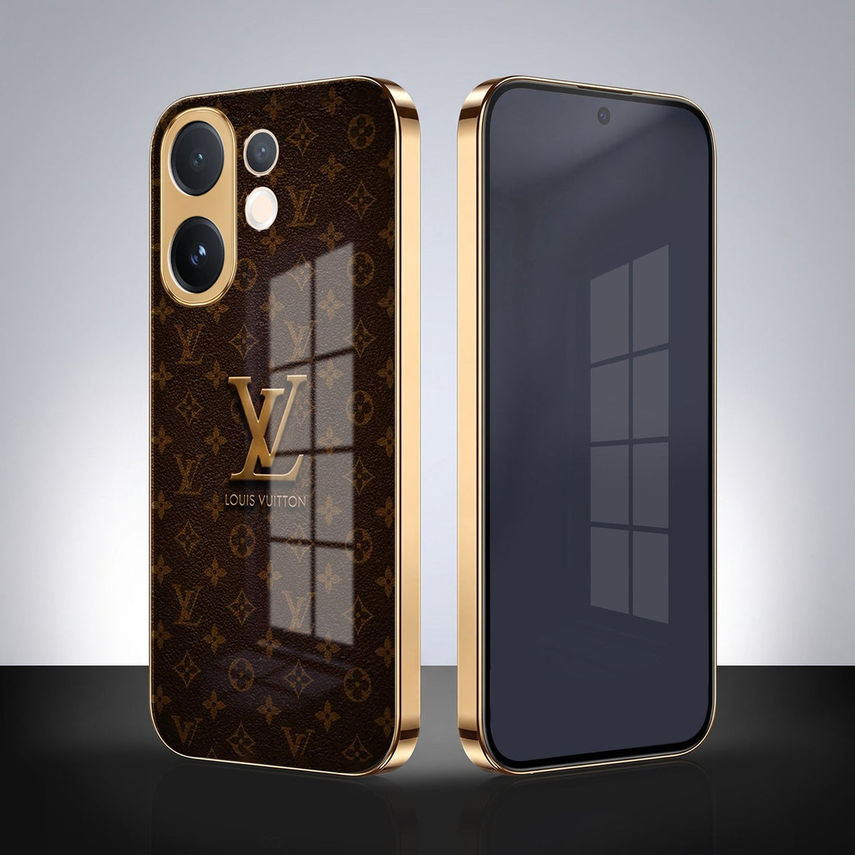 Vivo V60 5G LV Brown Monogram Gold Electroplated Glass Phone Back Case