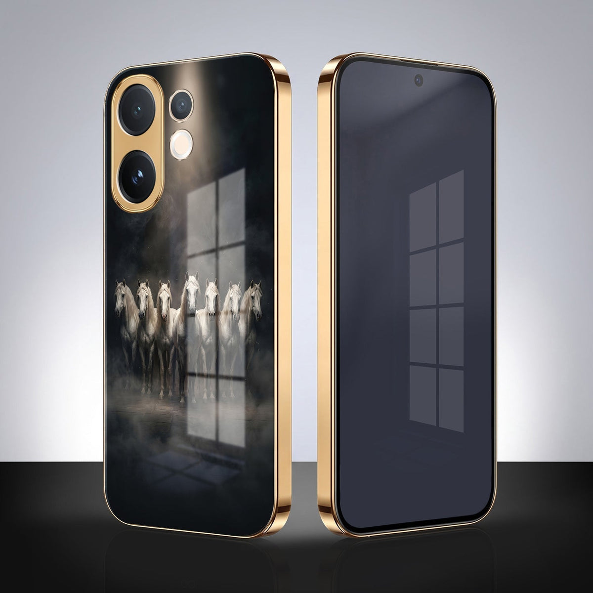 Vivo V60e 5G Running Horses Gold Electroplated Glass Phone Back Case