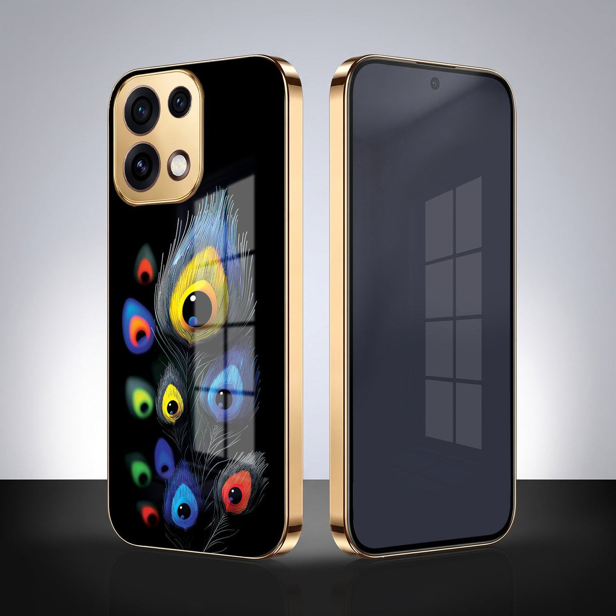 Oppo Reno 16C 5G Multi-Feather Peacock Gold Electroplated Glass Phone Back Case