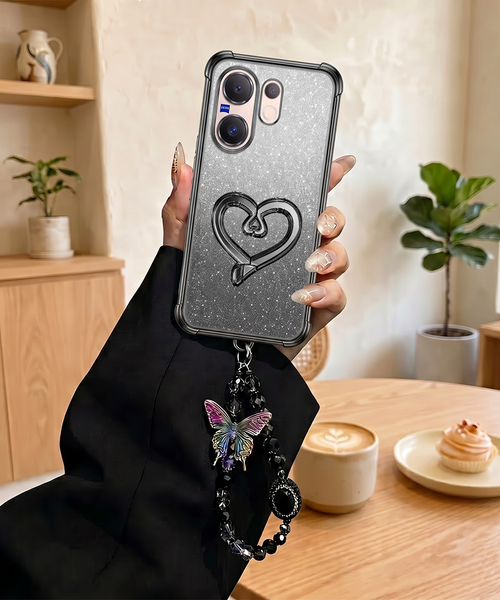 Vivo V60 5G Luxury Shimmer Airbag Heart Stand Case with Charm Strap