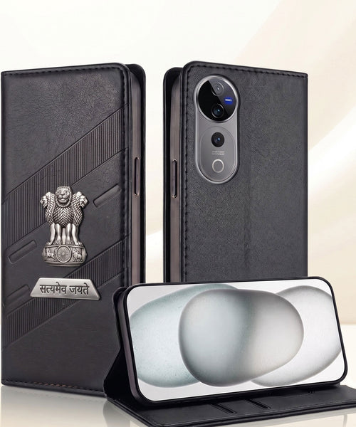 Vivo V40 Pro 5G Metal Satyamev Jayate 2-in-1 Emblem Magnetic Flip Wallet Case