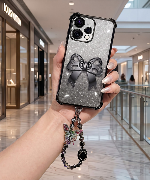 Oppo Reno 15 5G Luxury Shimmer Airbag Bow Stand Case with Charm Strap