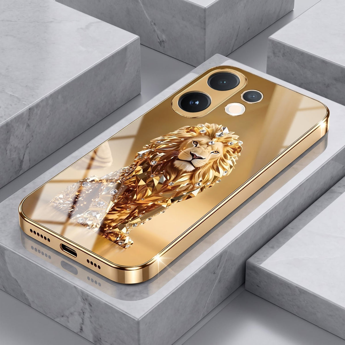 Vivo V60e 5G Luxury Lion Gold Electroplated Glass Phone Back Case