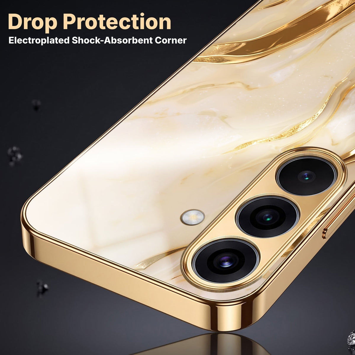 Samsung Galaxy S26 5G Marvel Texture Gold Electroplated Glass Phone Back Case