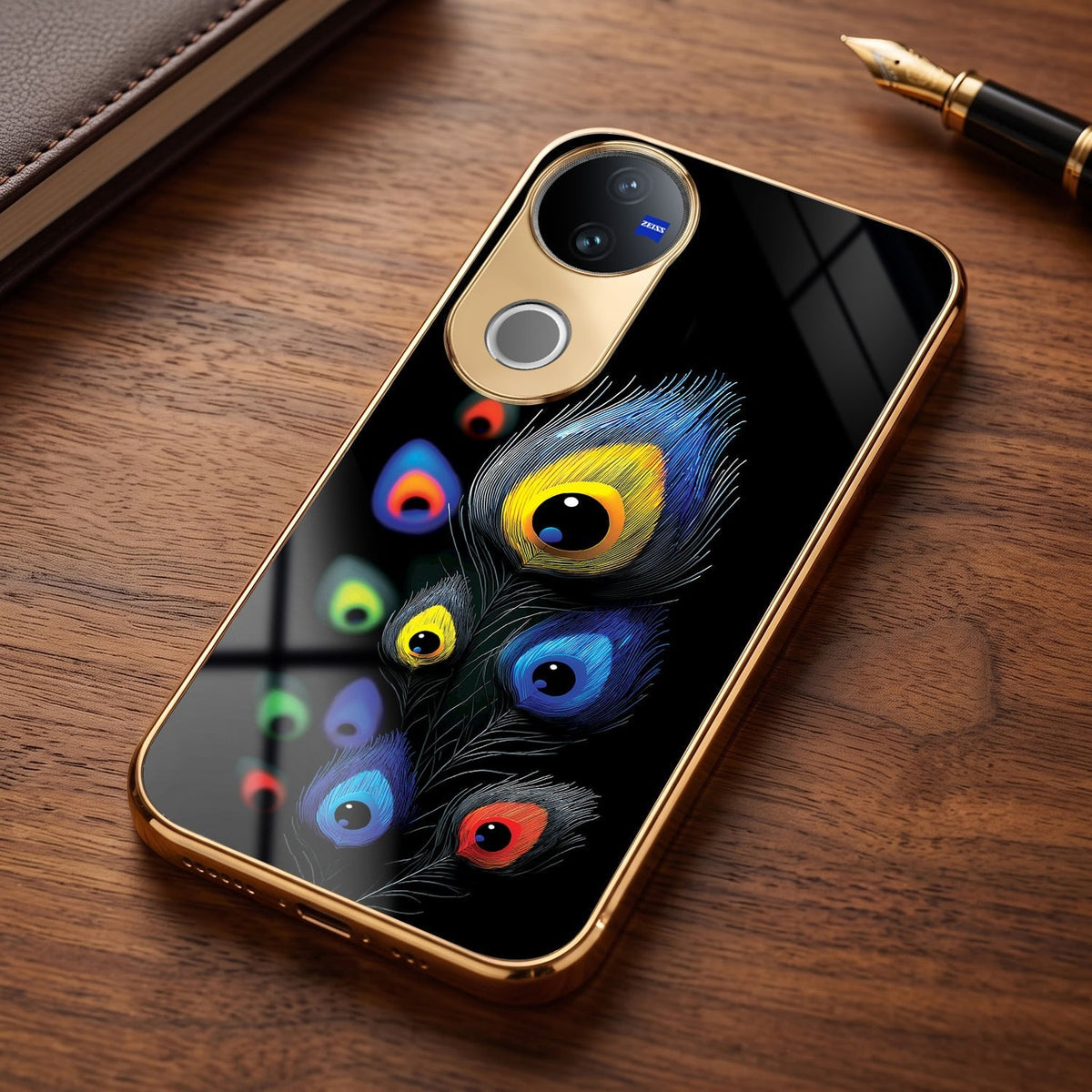 Vivo T4R 5G Multi-Feather Peacock Gold Electroplated Glass Phone Back Case