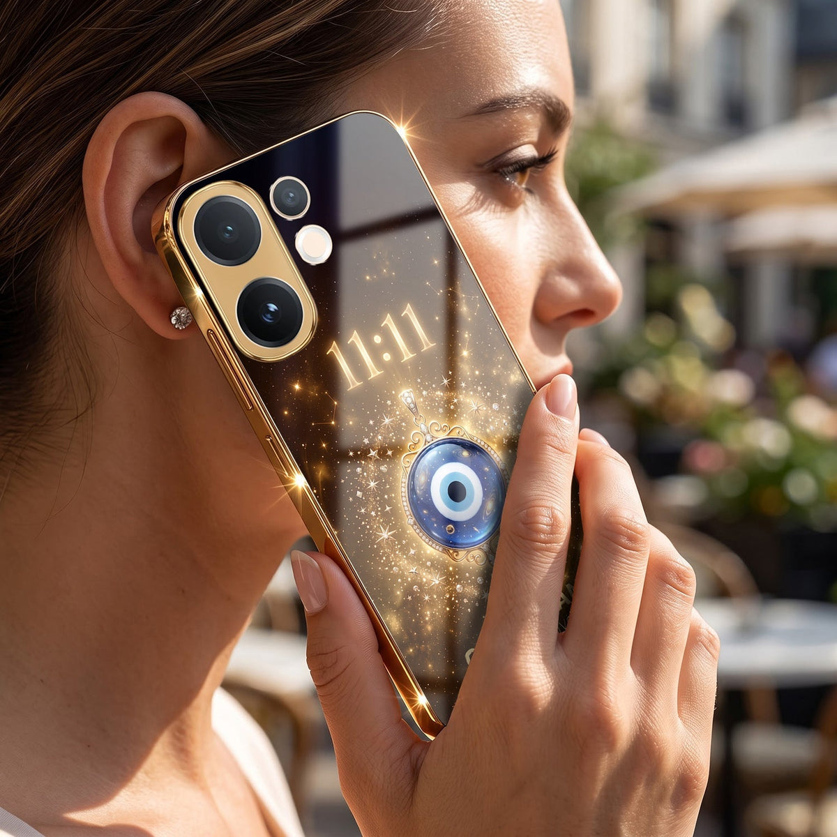 Vivo V60e 5G God’s Plan Evil Eye Gold Electroplated Glass Phone Back Case