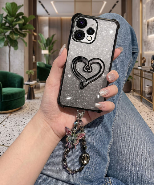 Oppo Reno 15 5G Luxury Shimmer Airbag Heart Stand Case with Charm Strap