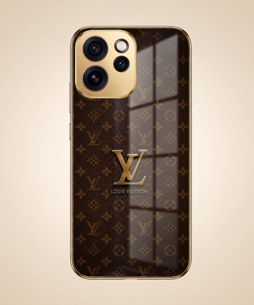 Oppo Reno 15 Pro Mini 5G LV Brown Monogram Gold Electroplated Glass Phone Back Case