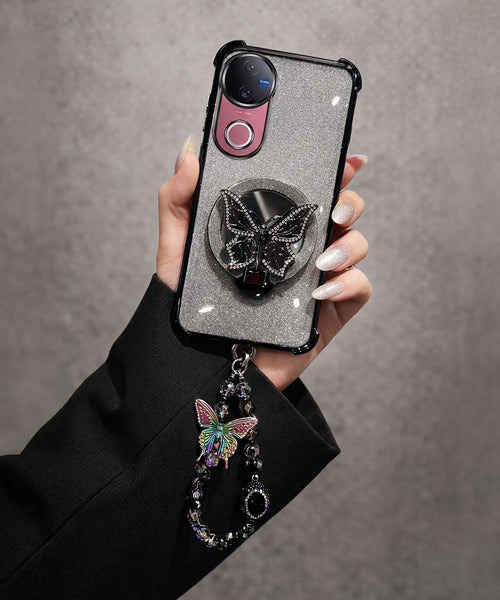 Vivo V50 5G Luxury Shimmer Airbag Butterfly Stand Case with Charm Strap