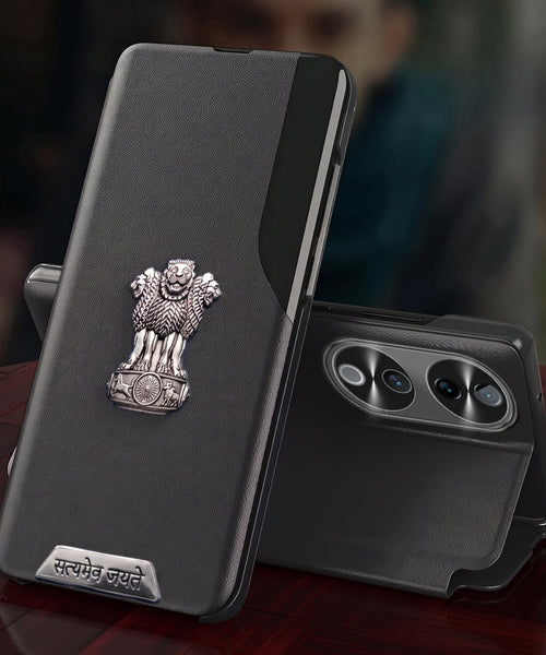 Vivo V40 Pro 5G Metal Satyamev Jayate 2-in-1 Emblem Half-Window Leather Flip Case