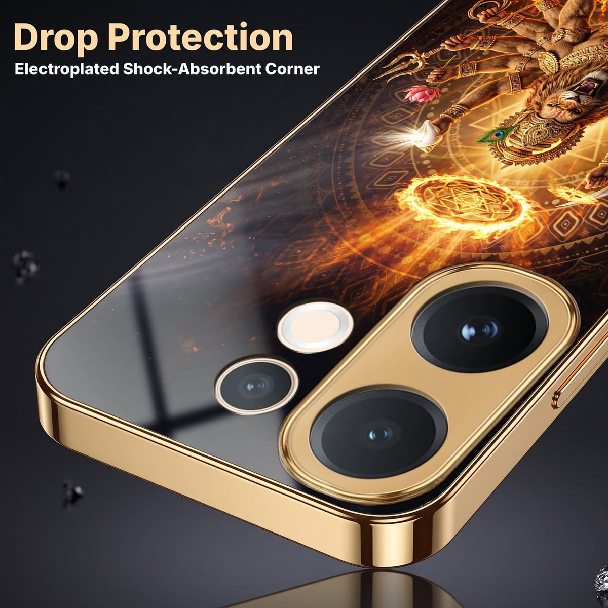 Vivo V60e 5G Lord Narasimha Gold Electroplated Glass Phone Back Case