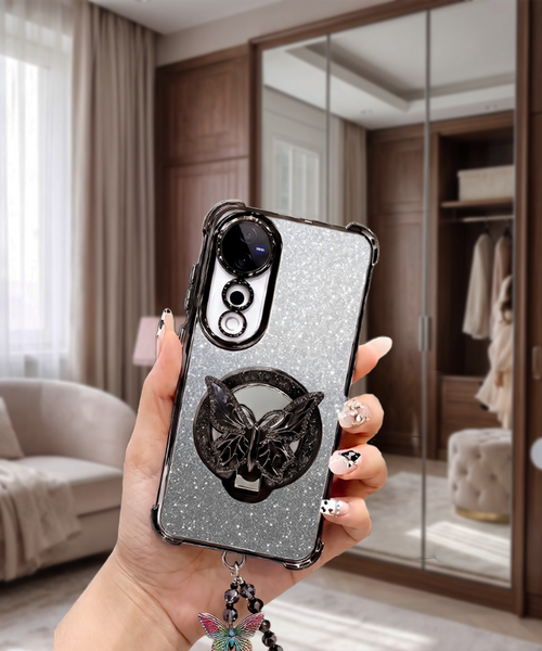 Vivo V40 Pro 5G Luxury Shimmer Airbag Butterfly Stand Case with Charm Strap