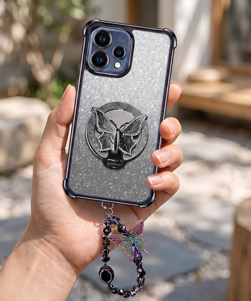 Oppo Reno 15 5G Luxury Shimmer Airbag Butterfly Stand Case with Charm Strap