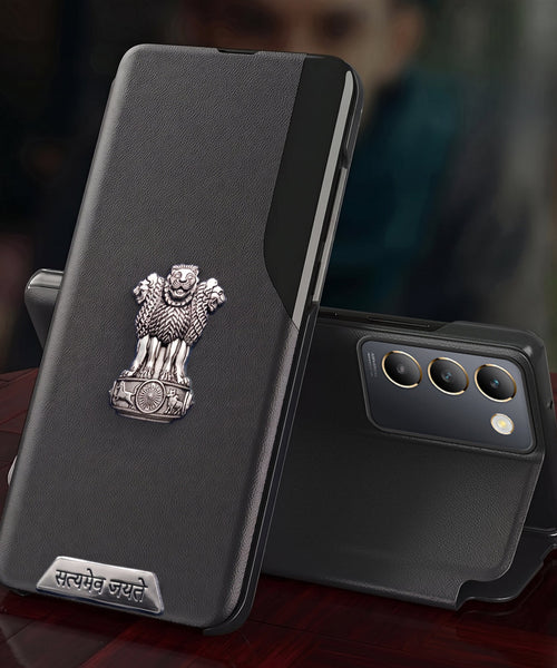 Vivo T3 5G Metal Satyamev Jayate 2-in-1 Emblem Half-Window Leather Flip Case
