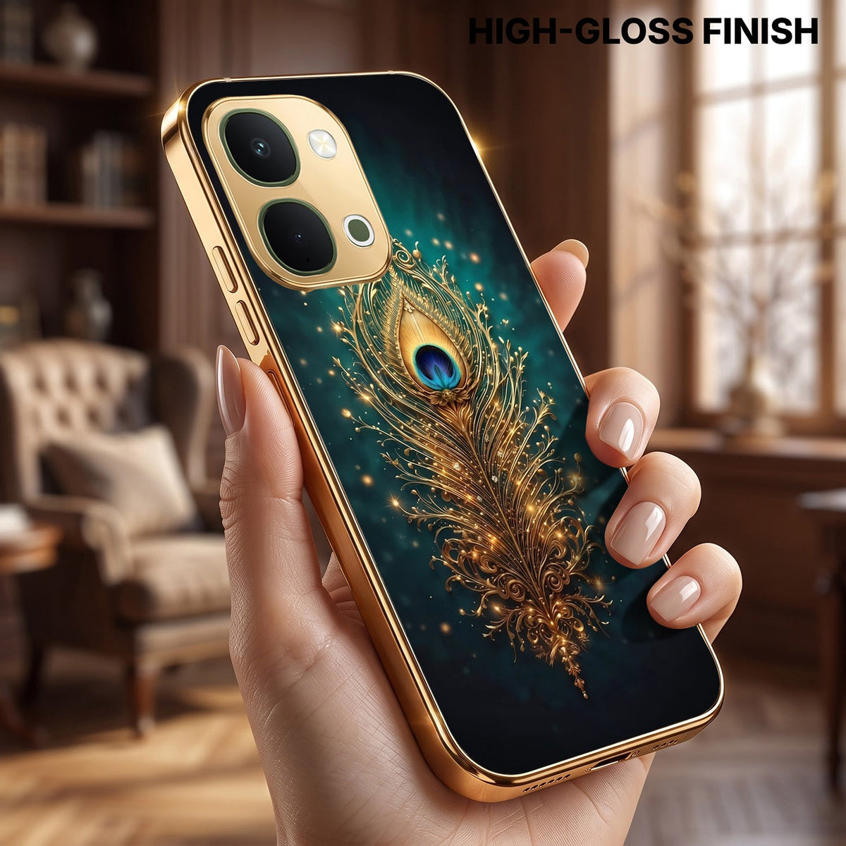 Vivo Y51 Pro 5G Golden Peacock Feather Gold Electroplated Glass Phone Back Case