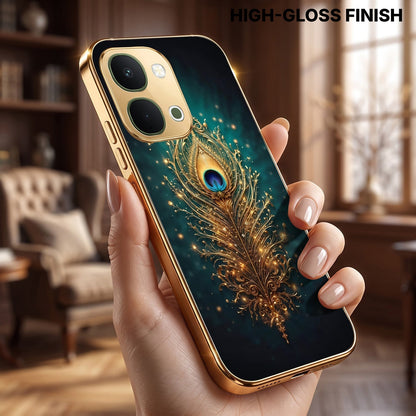 Vivo Y51 Pro 5G Golden Peacock Feather Gold Electroplated Glass Phone Back Case
