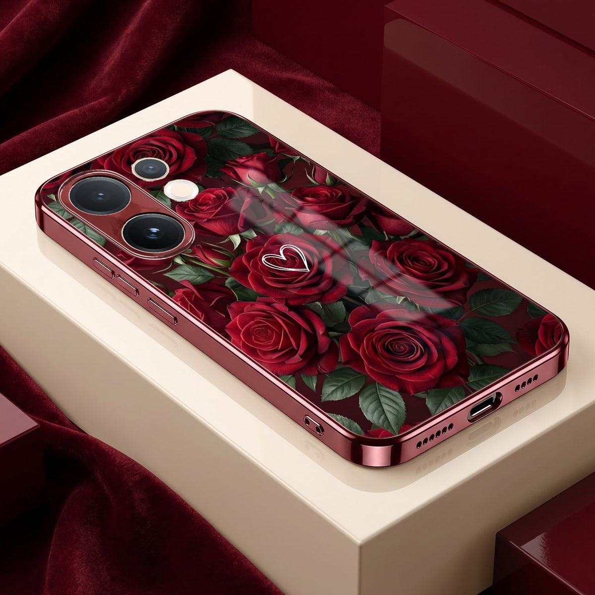 Vivo V60 5G Rose Heart Burgundy Electroplated Glass Back Case