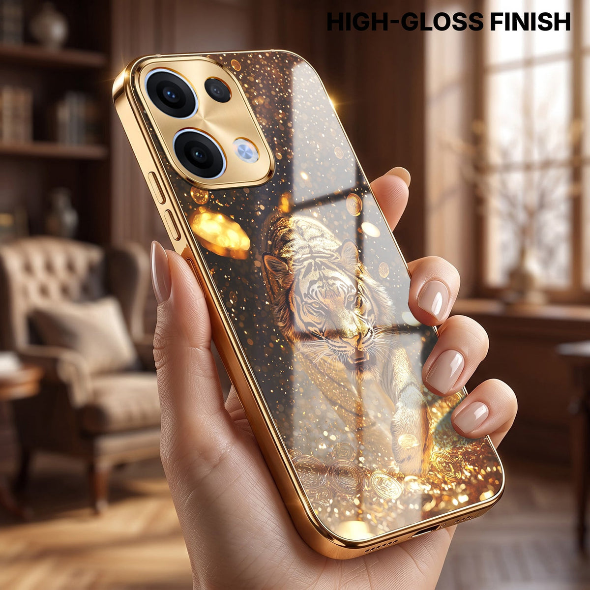 Oppo Reno 13 5G Luxury Tiger Gold Electroplated Glass Phone Back Case