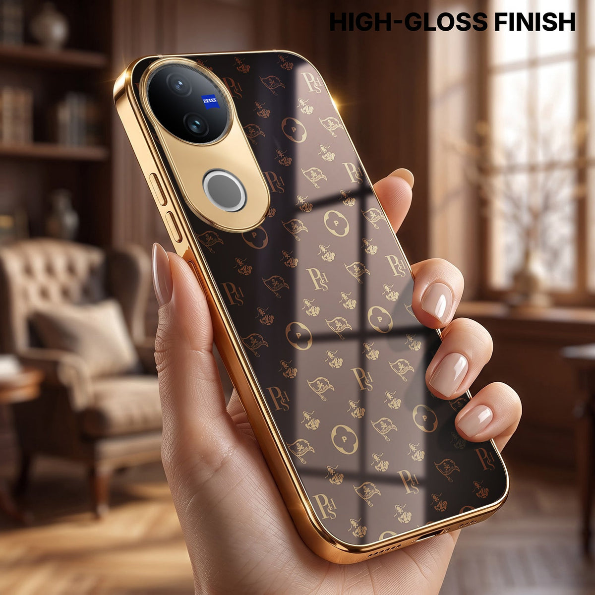 Vivo V50 5G Luxury Monogram Brown Electroplated Gold Glass Case