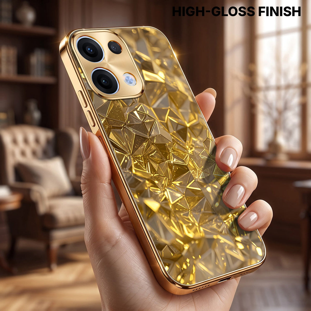 Oppo Reno 13 5G Golden Diamond Shatter Gold Electroplated Glass Phone Back Case