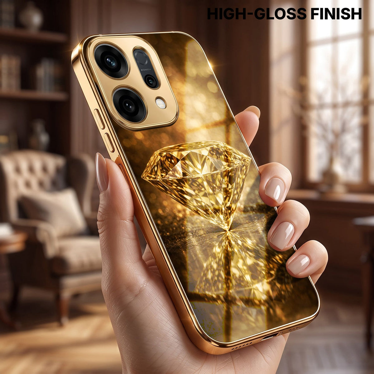 Oppo Reno 14 5G Golden Diamond Gold Electroplated Glass Phone Back Case