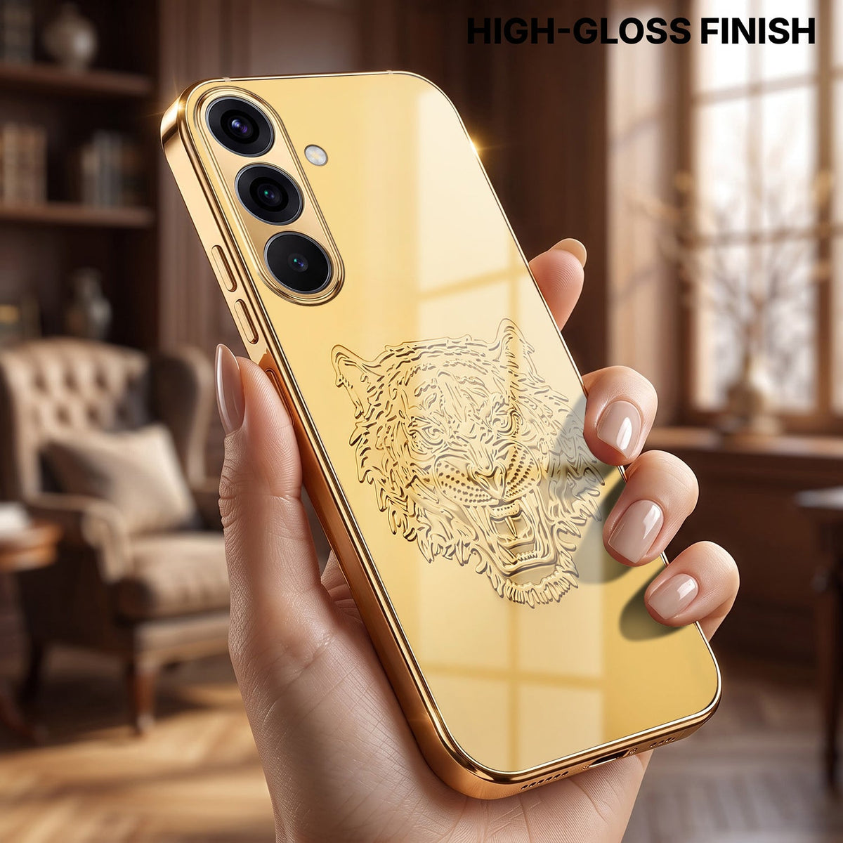 Samsung Galaxy A56 5G Golden Tiger Face Gold Electroplated Glass Phone Back Case