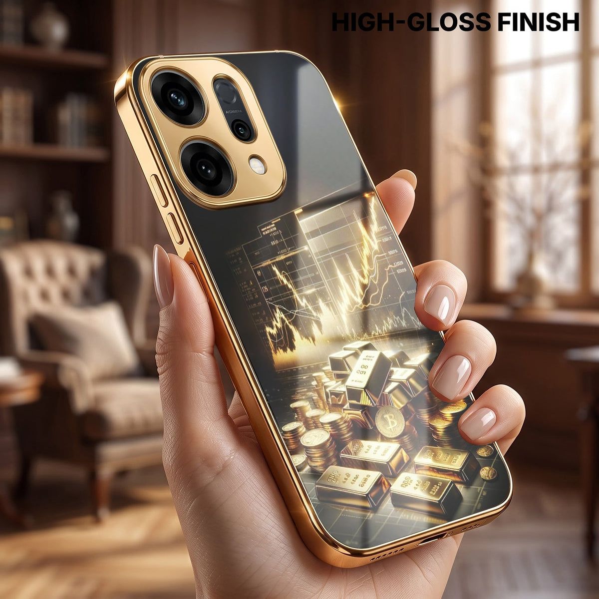 Oppo Reno 14 5G Luxury Wealth Trader Gold Electroplated Glass Phone Back Case