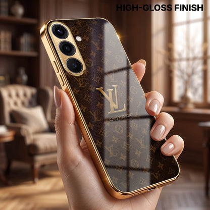 Samsung Galaxy A36 5G LV Brown Monogram Gold Electroplated Glass Phone Back Case