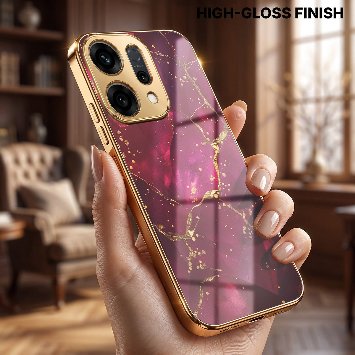 Oppo Reno 14 5G Luxury Crimson Marble Gold Electroplated Glass Phone Back Case