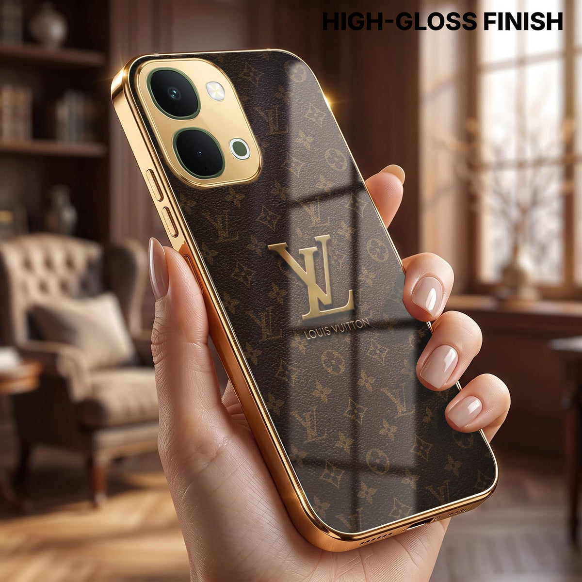 Vivo T5x 5G LV Brown Monogram Gold Electroplated Glass Phone Back Case