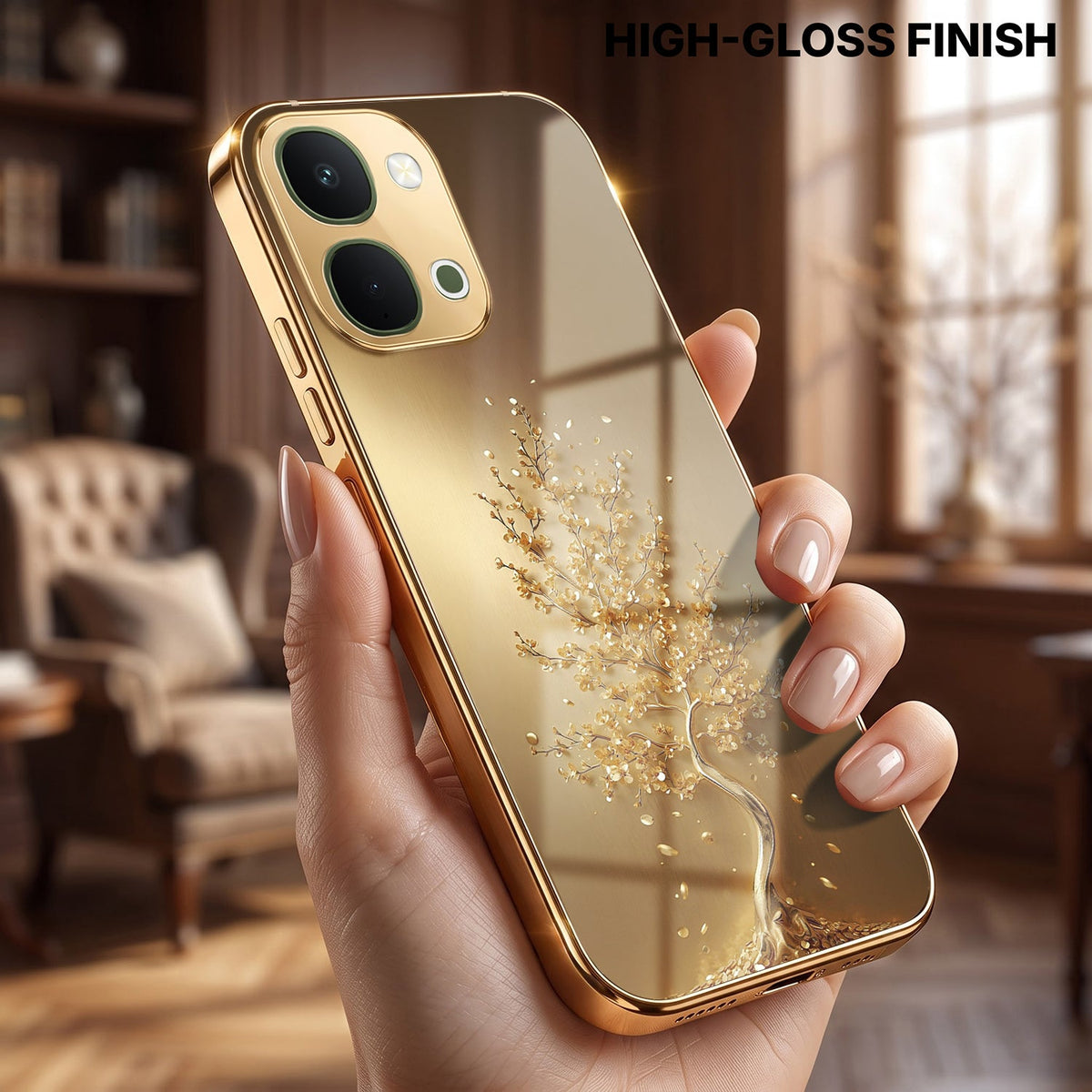 Vivo T5x 5G Golden Tree Gold Electroplated Glass Phone Back Case