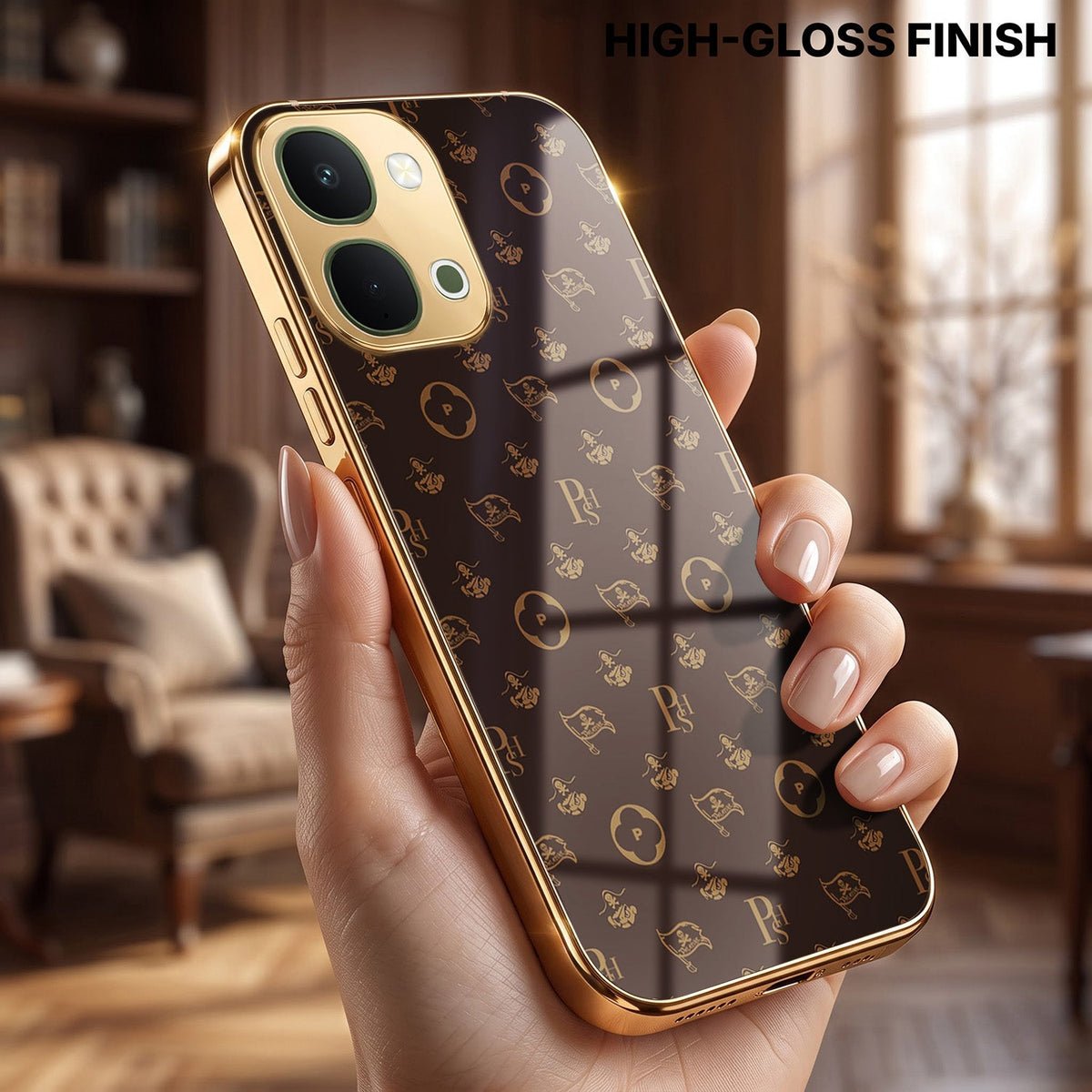 Vivo T5X 5G Luxury Monogram Brown Gold Electroplated Glass Phone Back Case