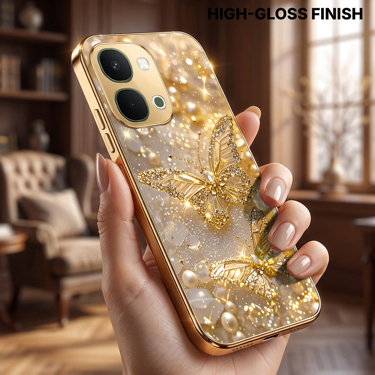 Vivo Y51 Pro 5G Golden Butterfly Gold Electroplated Glass Phone Back Case