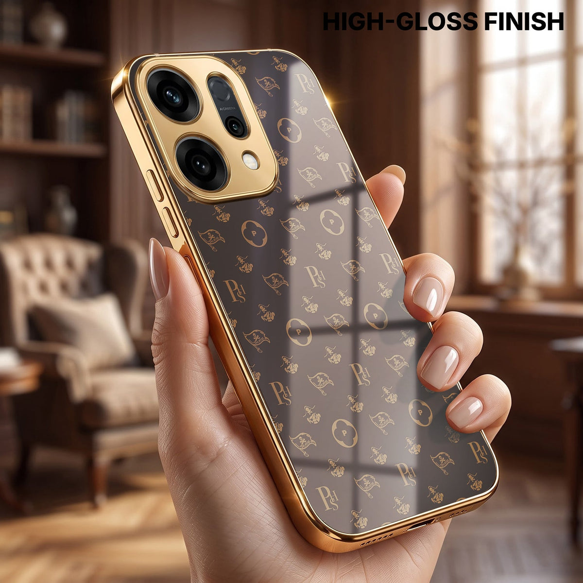Oppo Reno 13 5G Luxury Monogram Brown Gold Electroplated Glass Phone Back Case