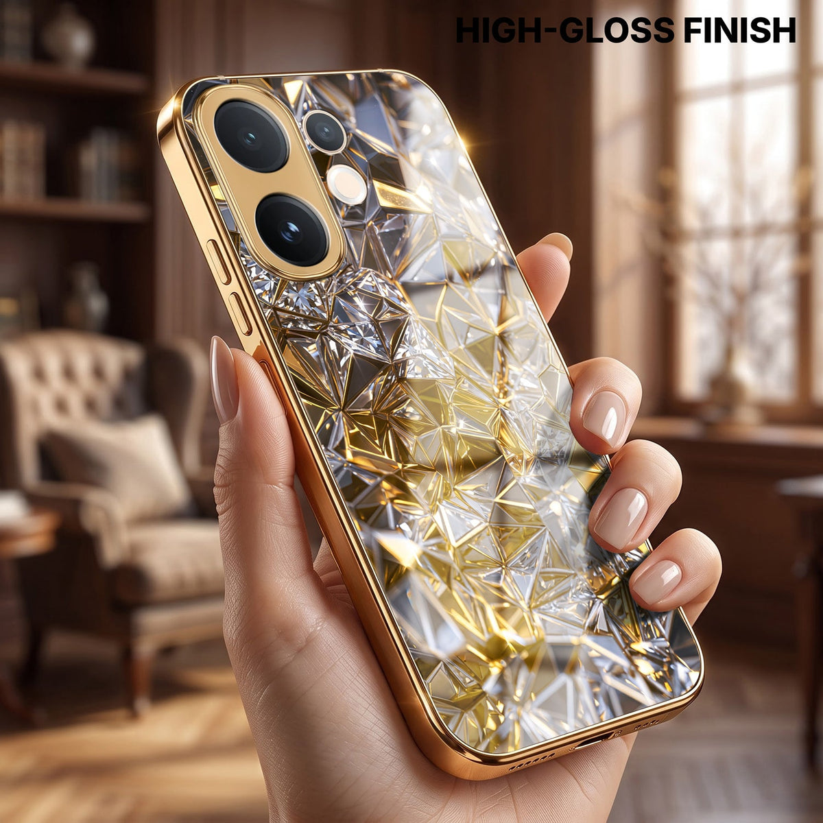 Vivo V60 5G White Diamond Shatter Gold Electroplated Glass Phone Back Case
